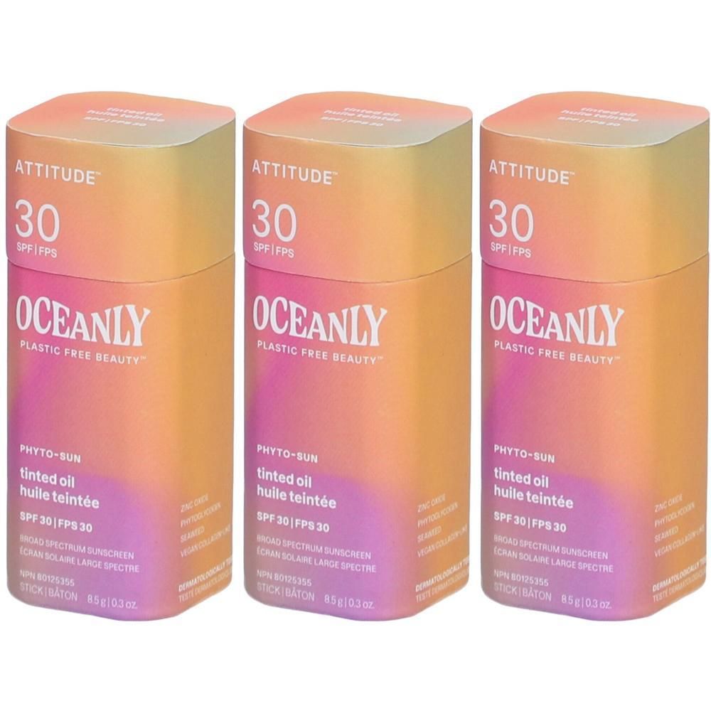 Drie ATTITUDE Oceanly getinte zonneolie sticks met SPF 30.