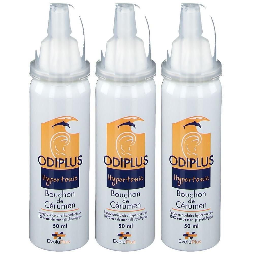 Drie flacons Odiplus Spray, 50 ml. Elke fles heeft een witte body met een oranje etiket.