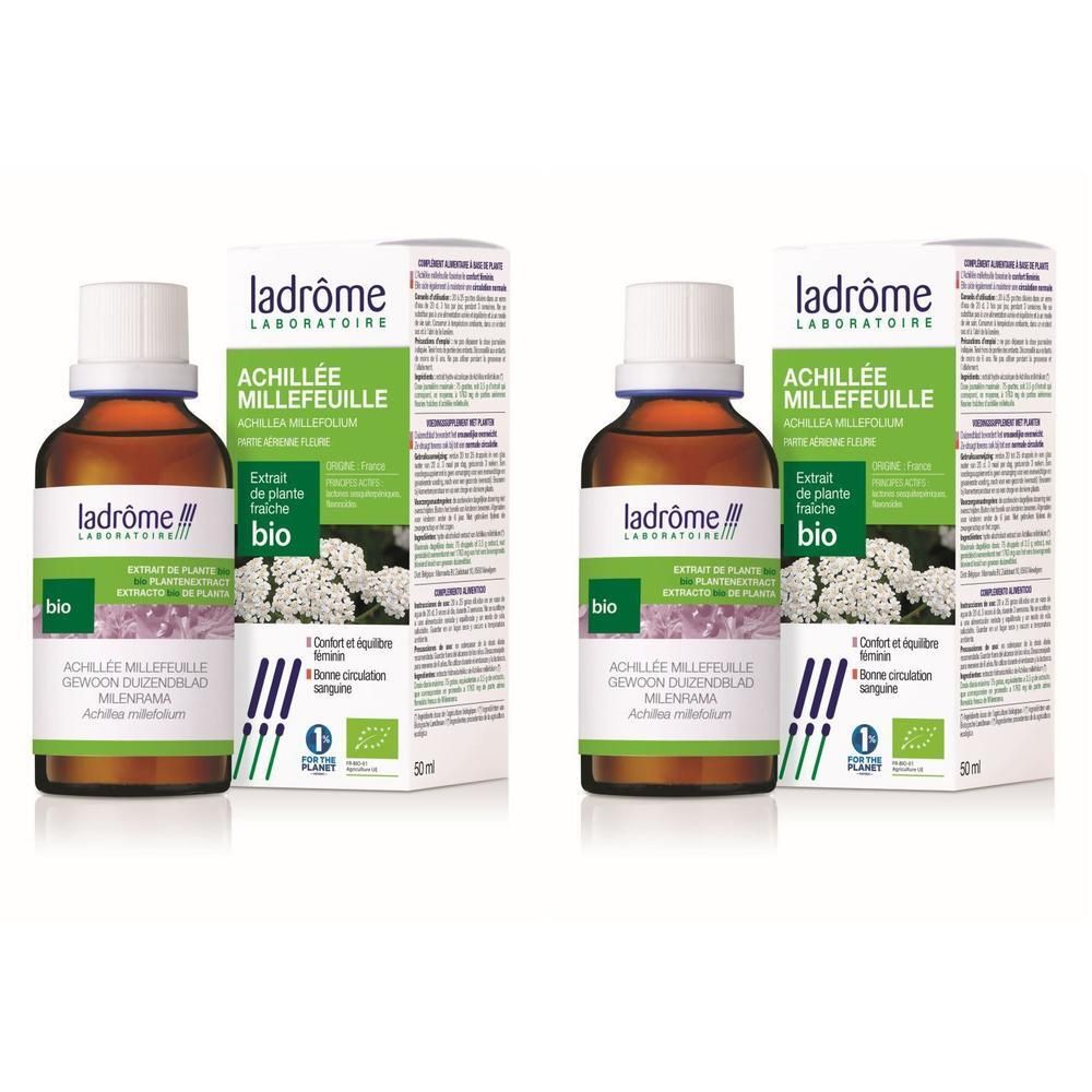 Deux flacons de Ladrôme BIO Achillée Millefeuille Extrait, présentés dans leurs boîtes.