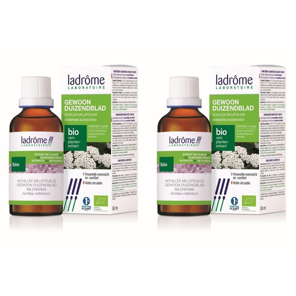 Twee flesjes Ladrôme BIO Duizendblad Extract, verpakt in doosjes.