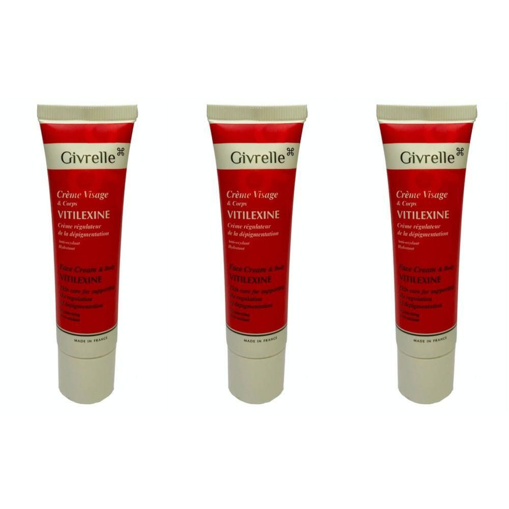 Drie rode tubes Givrelle Vitilexine gezichts- en lichaamscreme.