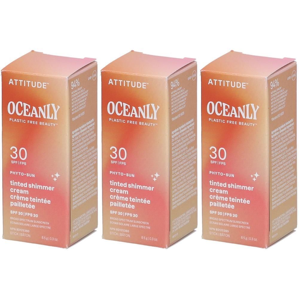 Trois boîtes de crème teintée pailletée Attitude Oceanly Phyto-Sun FPS 30.
