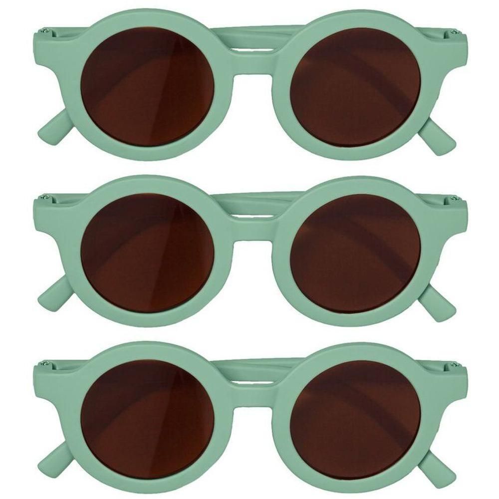 Trois paires de lunettes de soleil rondes pour enfants, couleur menthe, verres marron, disposées côte à côte.