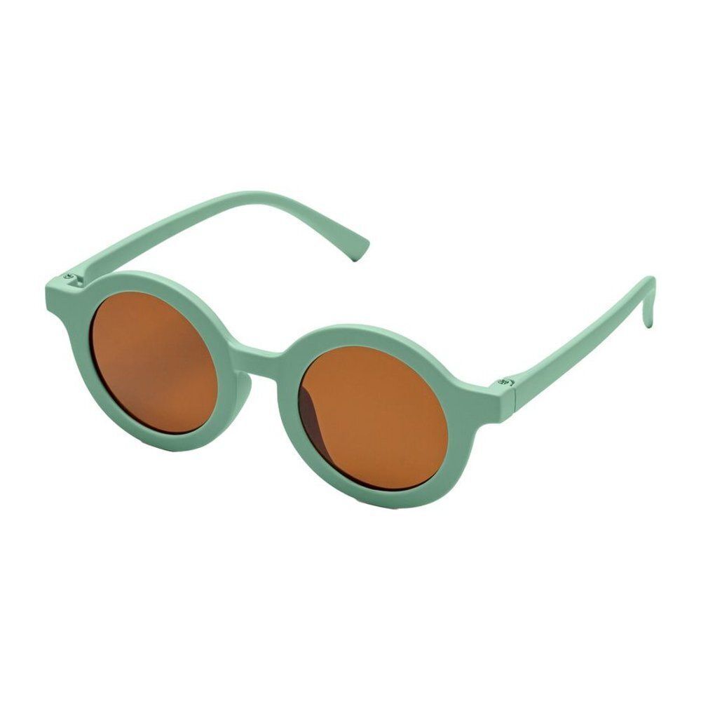 Une paire de lunettes de soleil rondes pour enfants, vert menthe, verres marron, vue de côté.