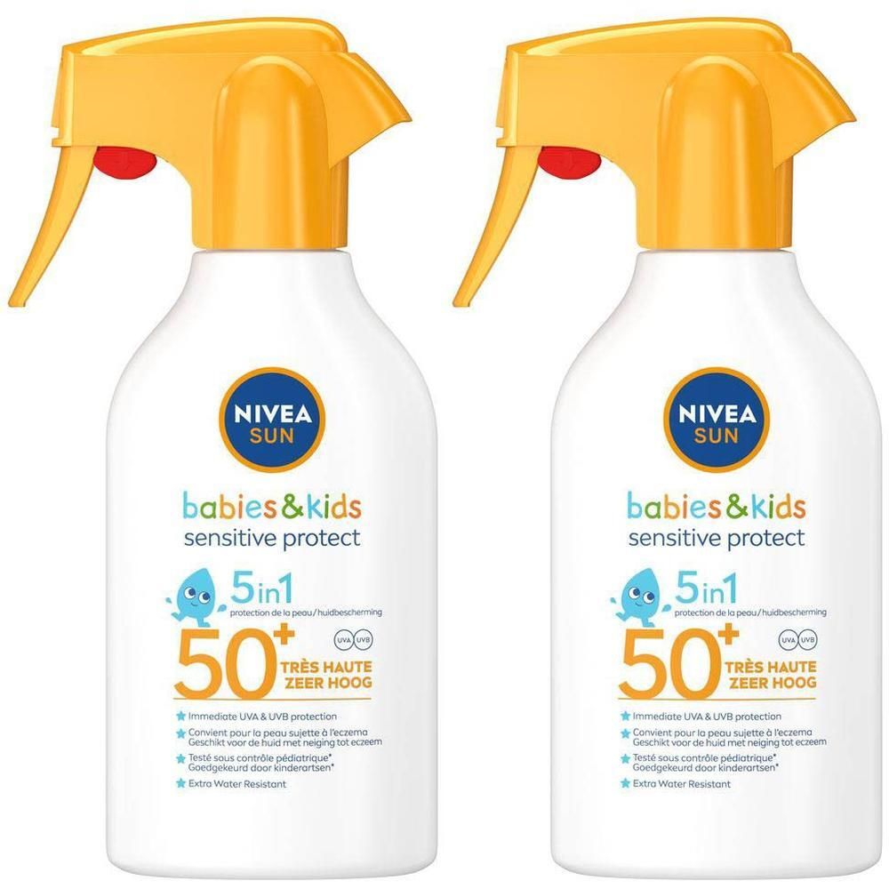 Twee NIVEA SUN kinderzonnebrand sprays SPF 50+ met gele spuitkoppen.