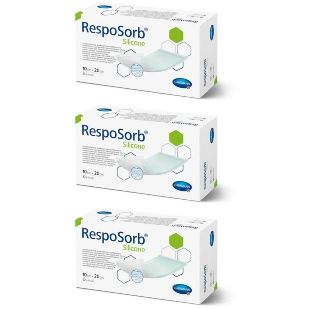 Trois paquets de pansements RespoSorb Silicone, 10x20cm.