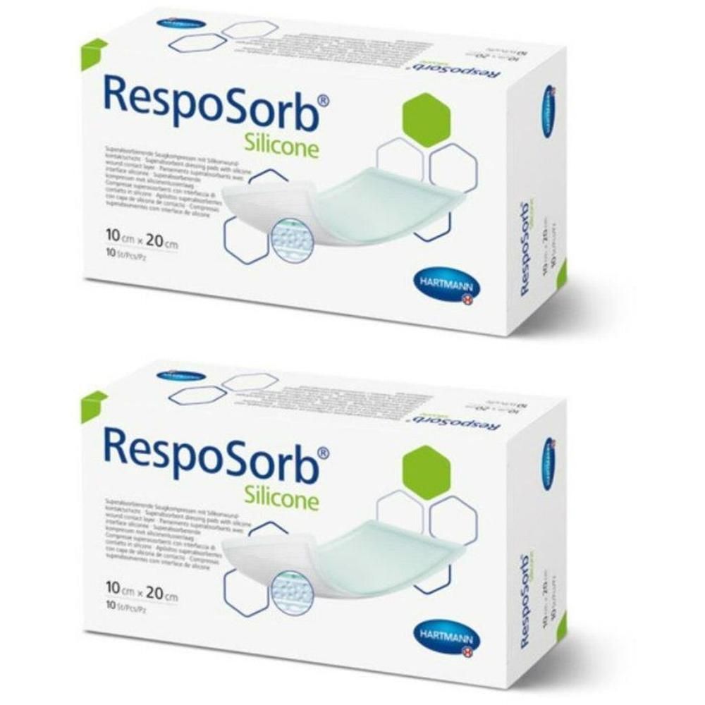 Deux paquets de pansements Hartmann RespoSorb Silicone, 10x20cm.
