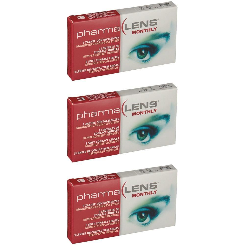 PharmaLens Monthly verpakking, 3 lenzen, met oogafbeelding.
