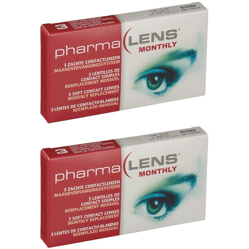 Twee pakken PharmaLens maandlenzen, elk met 3 zachte contactlenzen.