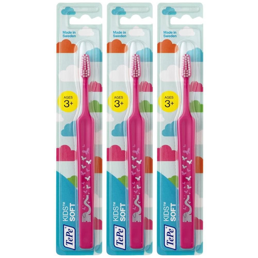 Trois brosses à dents TePe pour enfants, douces, pour âges 3+, emballées individuellement.