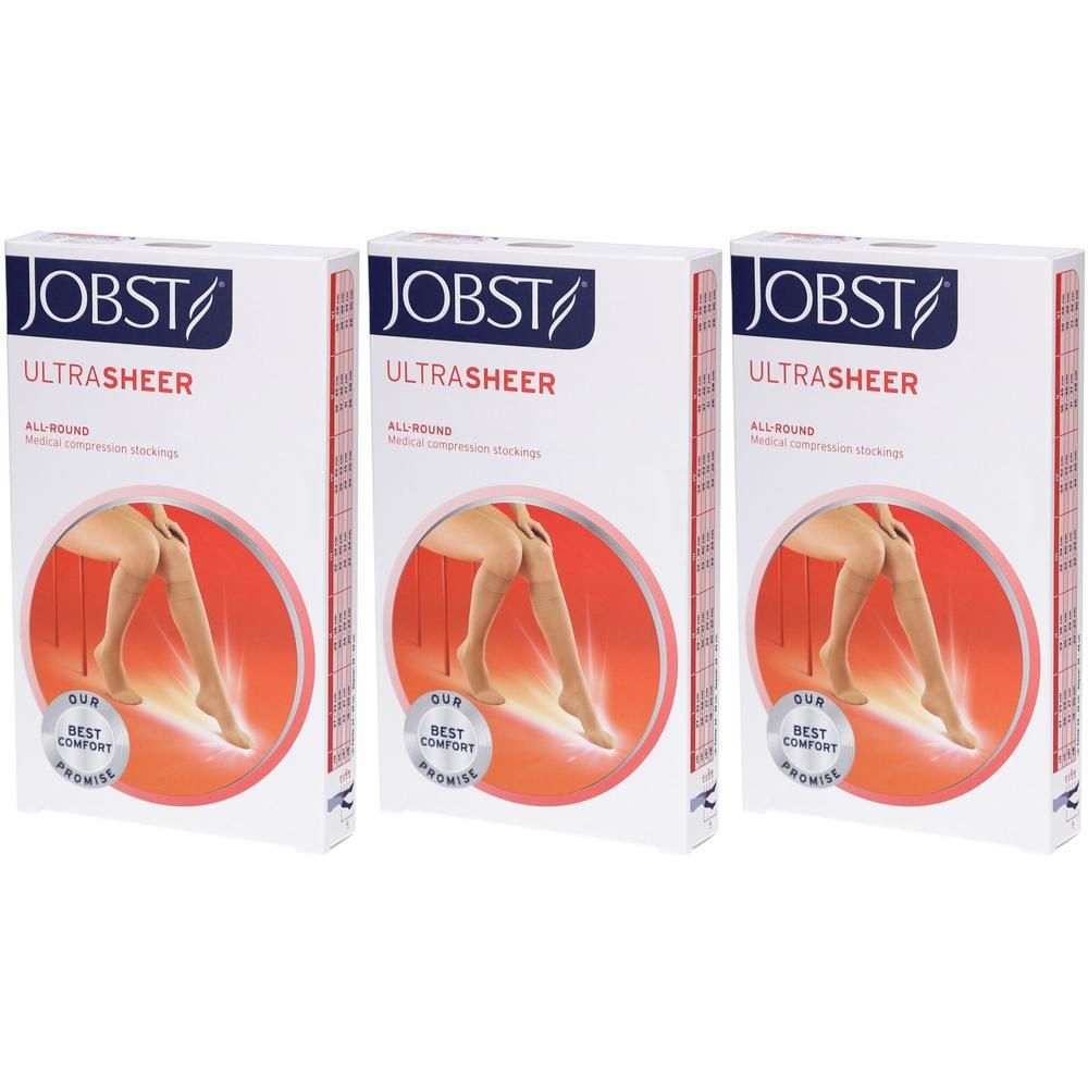 Drie dozen JOBST Ultrasheer steunkousen in huidskleur. Afbeelding van benen in kousen.