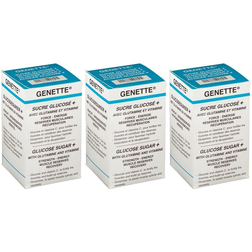 Drie pakken Genette Glucose Suiker + Glutamine + Vitamine. Witte dozen met blauwe en turquoise belettering.