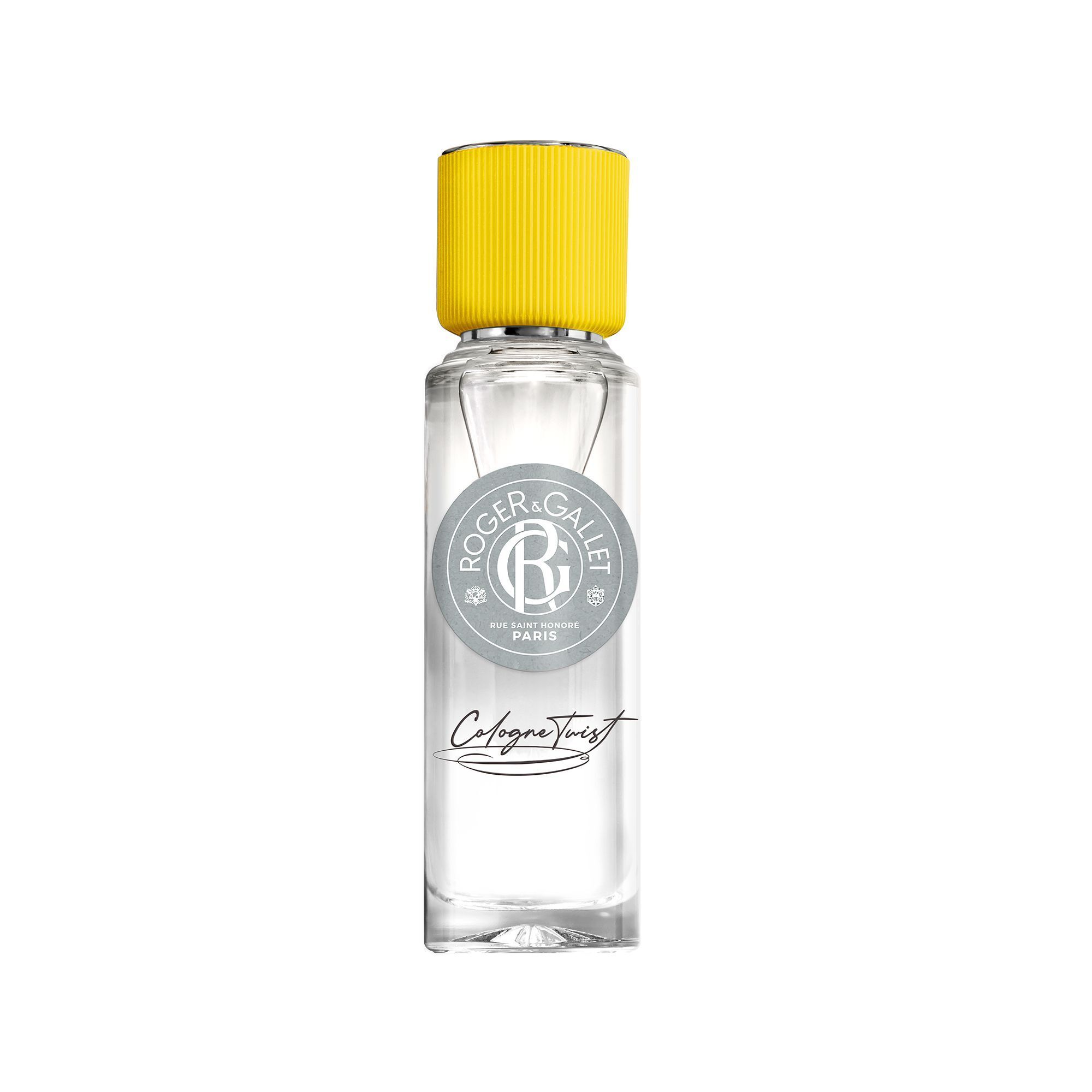 Un flacon Roger & Gallet Twist Eau de Cologne avec un bouchon jaune sur fond blanc.