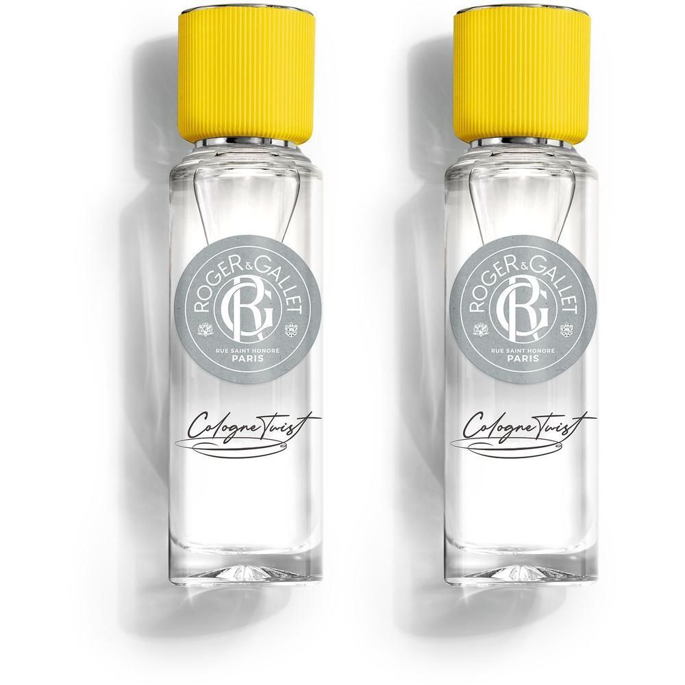 Deux flacons Roger&Gallet Cologne Twist avec bouchons jaunes sur fond blanc.