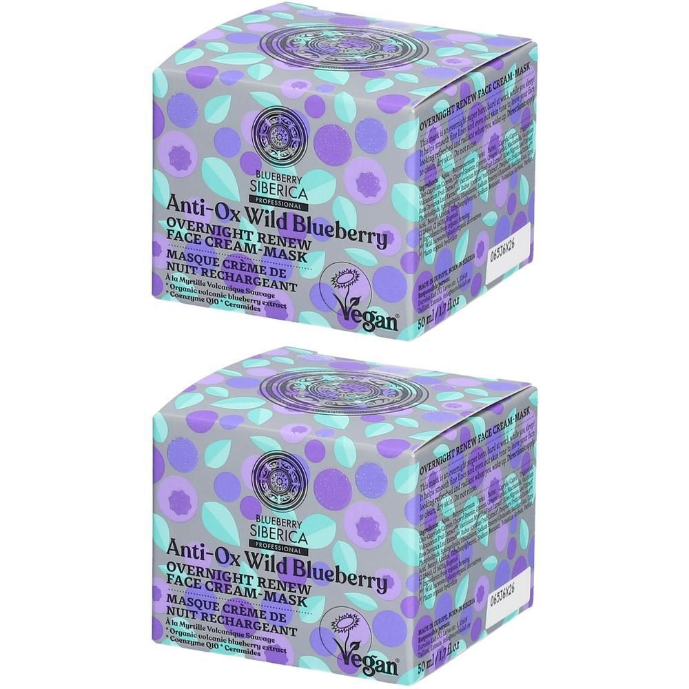 Twee doosjes "Blueberry Siberica Anti-Ox Wild Blueberry Overnight Renew Face Cream-Mask". Grijze doos met paarse en blauwe bessen- en bladerenpatroon.