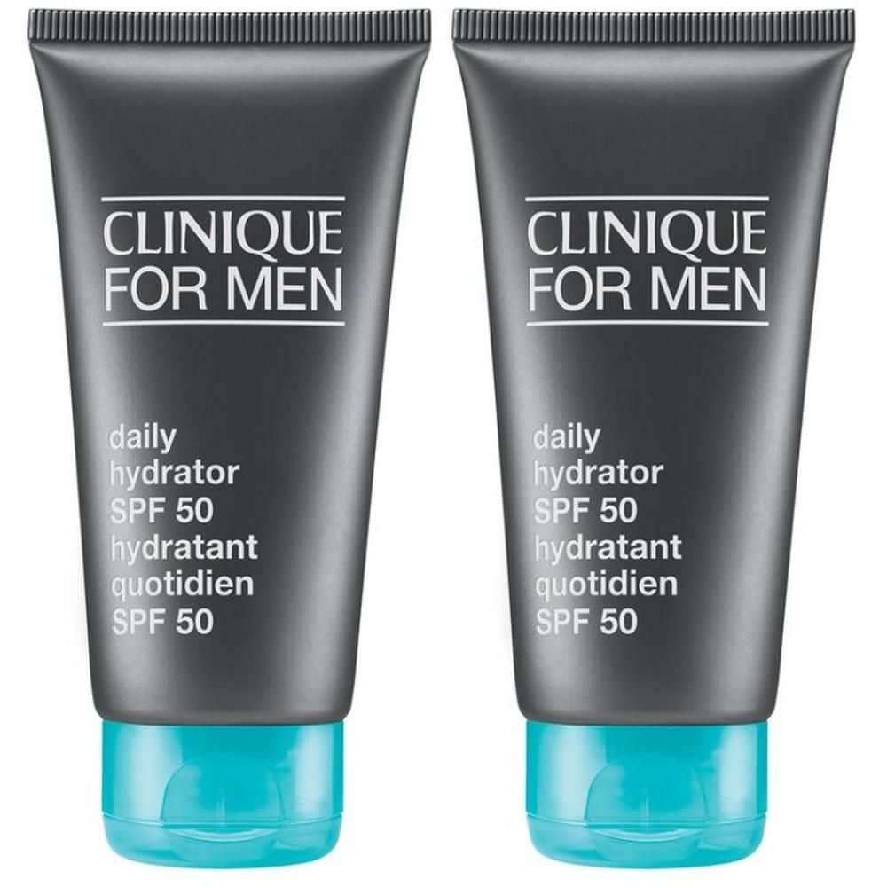 Twee tubes Clinique For Men Dagelijkse Hydratant SPF 50 met turquoise doppen.