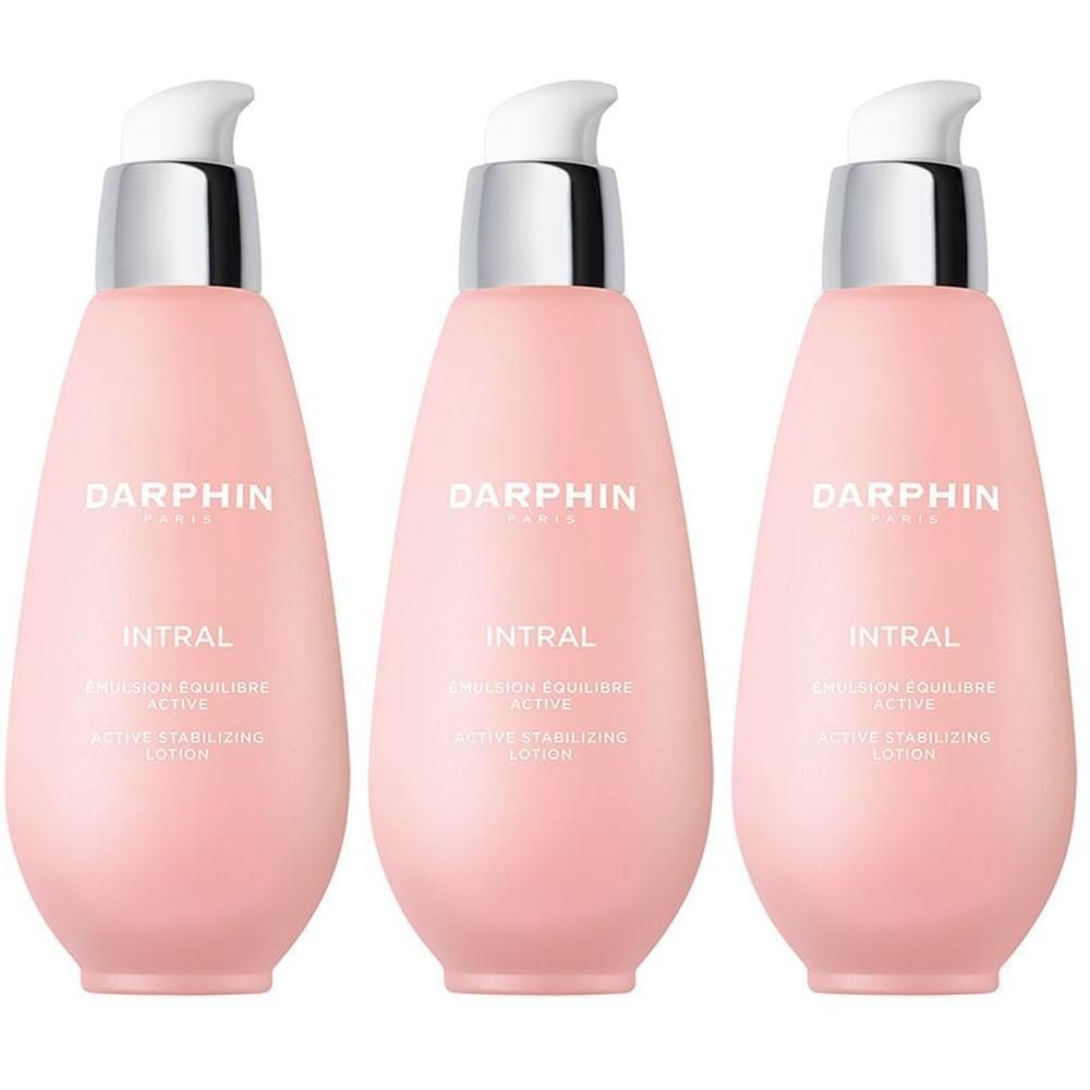 Trois flacons Darphin Intral Emulsion Équilibre Active avec pompes.