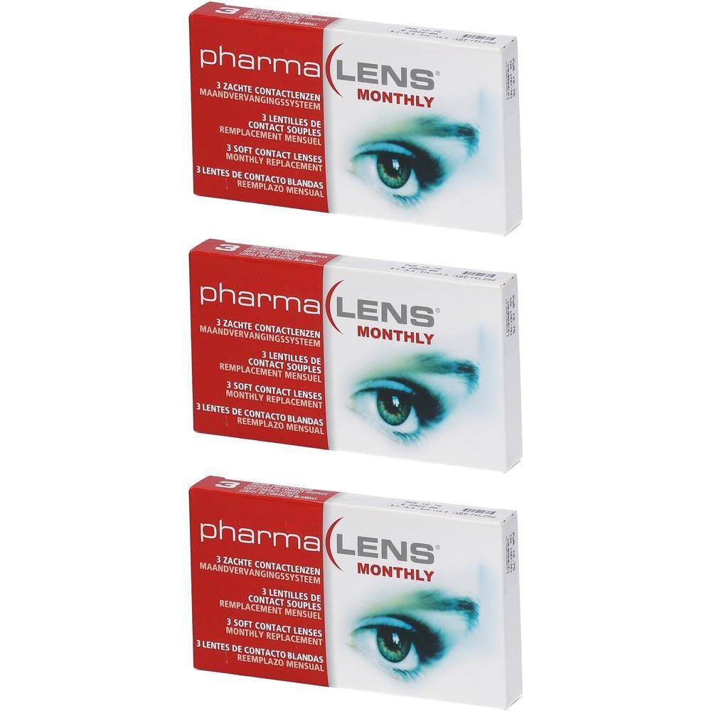 Trois boîtes de lentilles mensuelles PharmaLens avec image d'un œil.