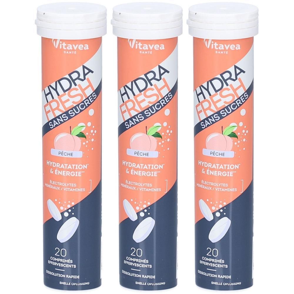 Trois tubes Vitavea Hydra Fresh Pêche sans sucres, pour l'hydratation et l'énergie.