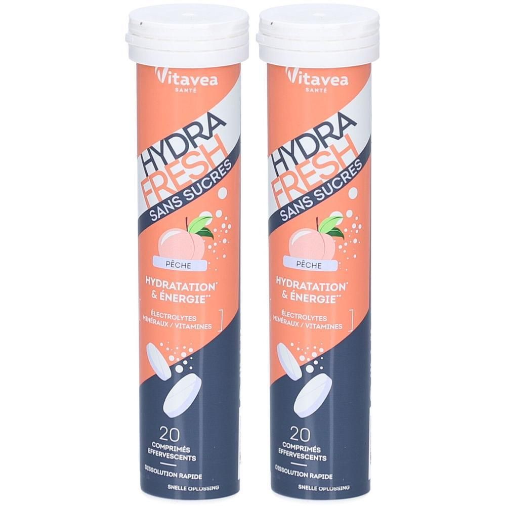 Deux tubes Vitavea Hydra Fresh Pêche sans sucres, 20 comprimés effervescents par tube.