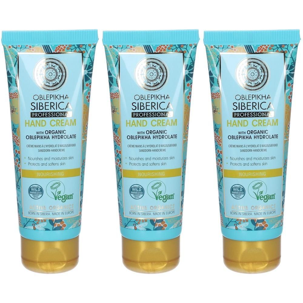 Trois tubes de crème pour les mains à l'argousier de Sibérie et à l'hydrolat d'argousier bio.