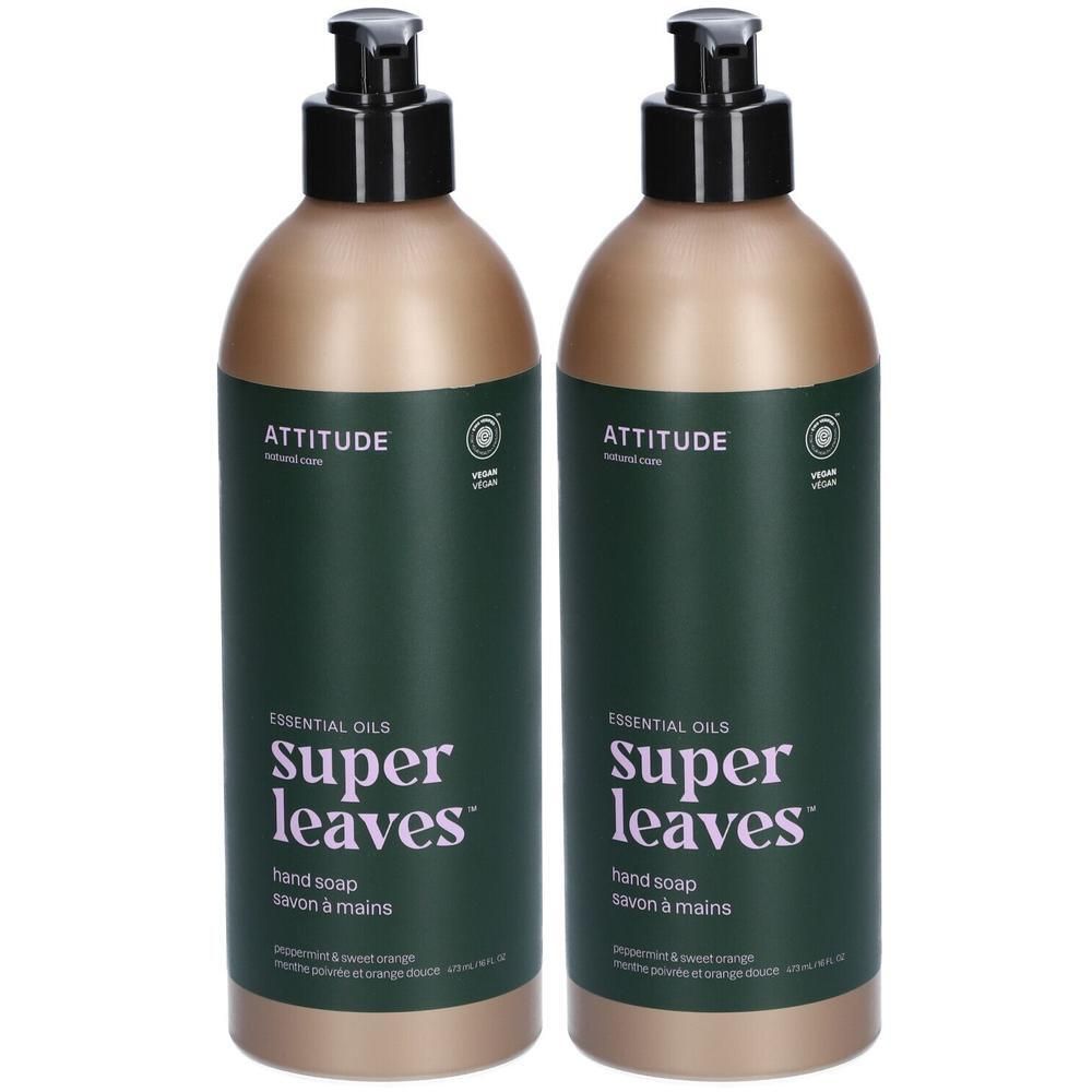 Deux flacons de savon pour les mains Attitude, Super Leaves Menthe Poivrée & Orange Douce, avec pompe.