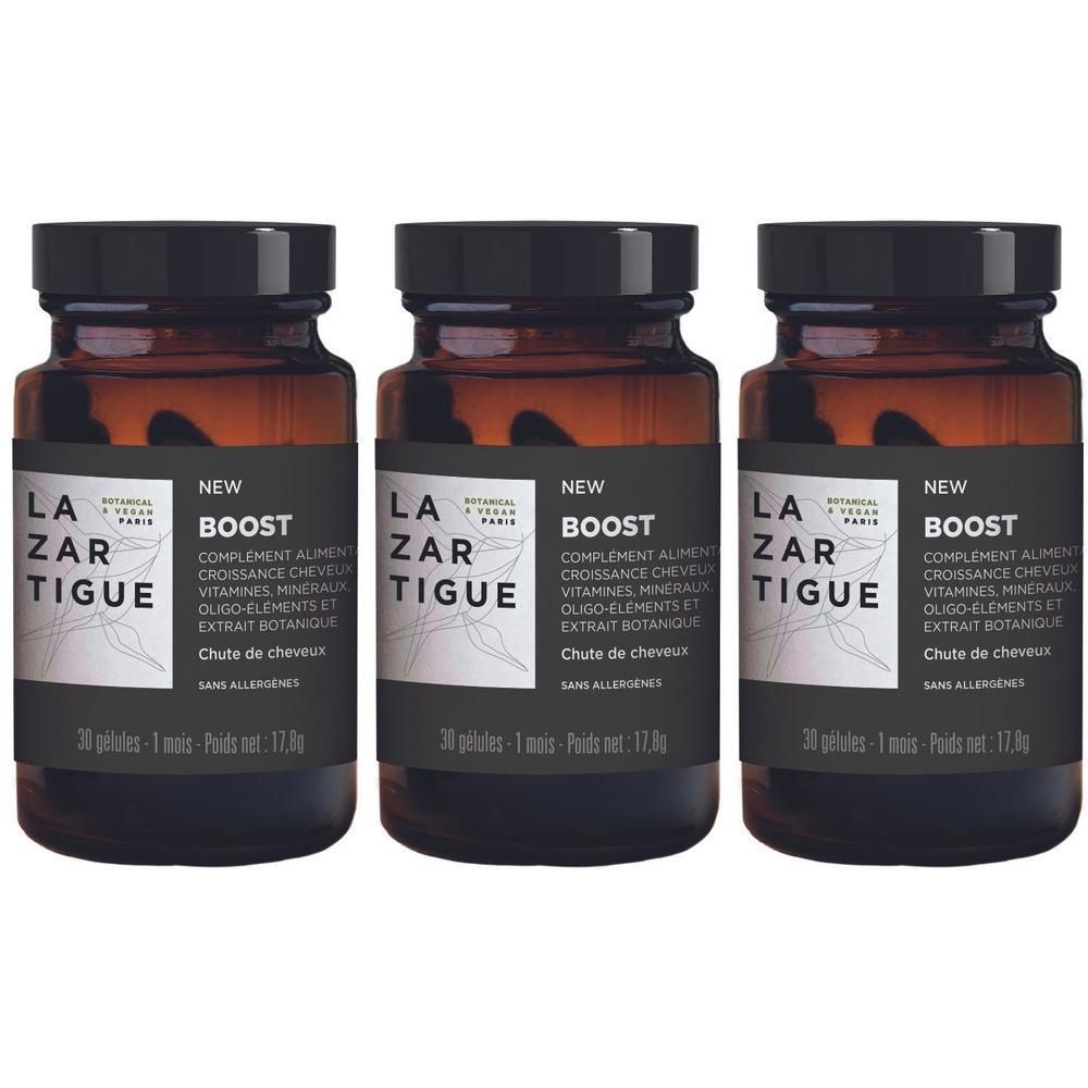 Drie flacons Lazartigue Boost voedingssupplement voor haargroei.