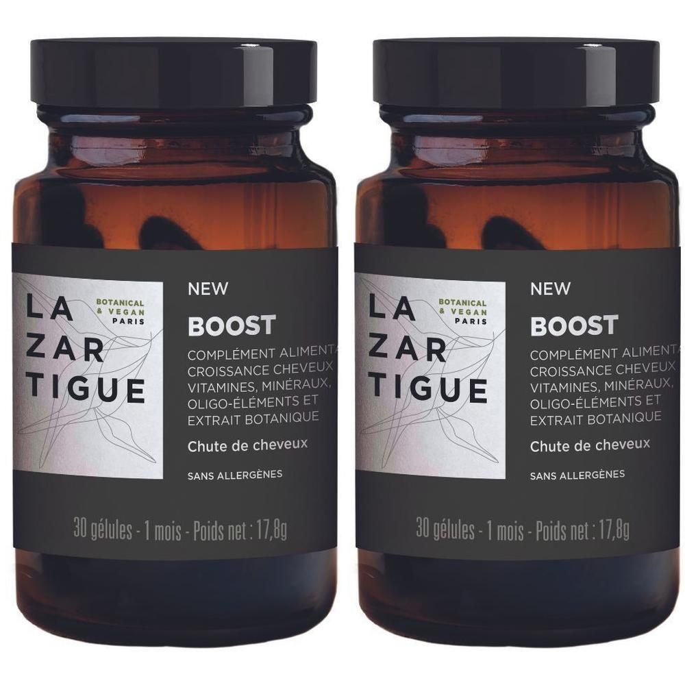 Twee flacons Lazartigue Boost haarcomplement. Bruine glazen flacons met zwarte doppen en etiketten.