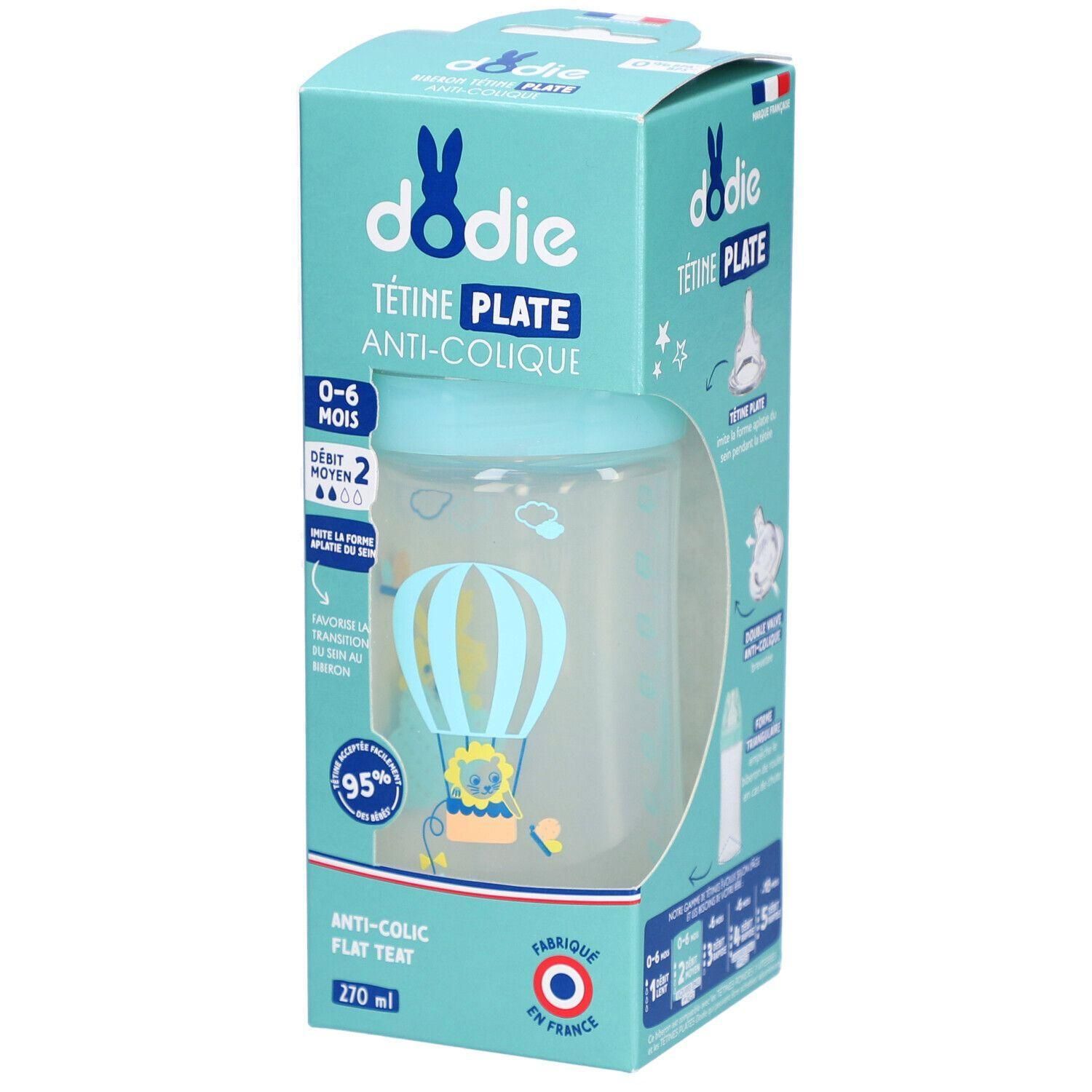 Biberon Dodie Sensation+ Air, 0-6 mois, 270ml, tétine plate anti-colique.