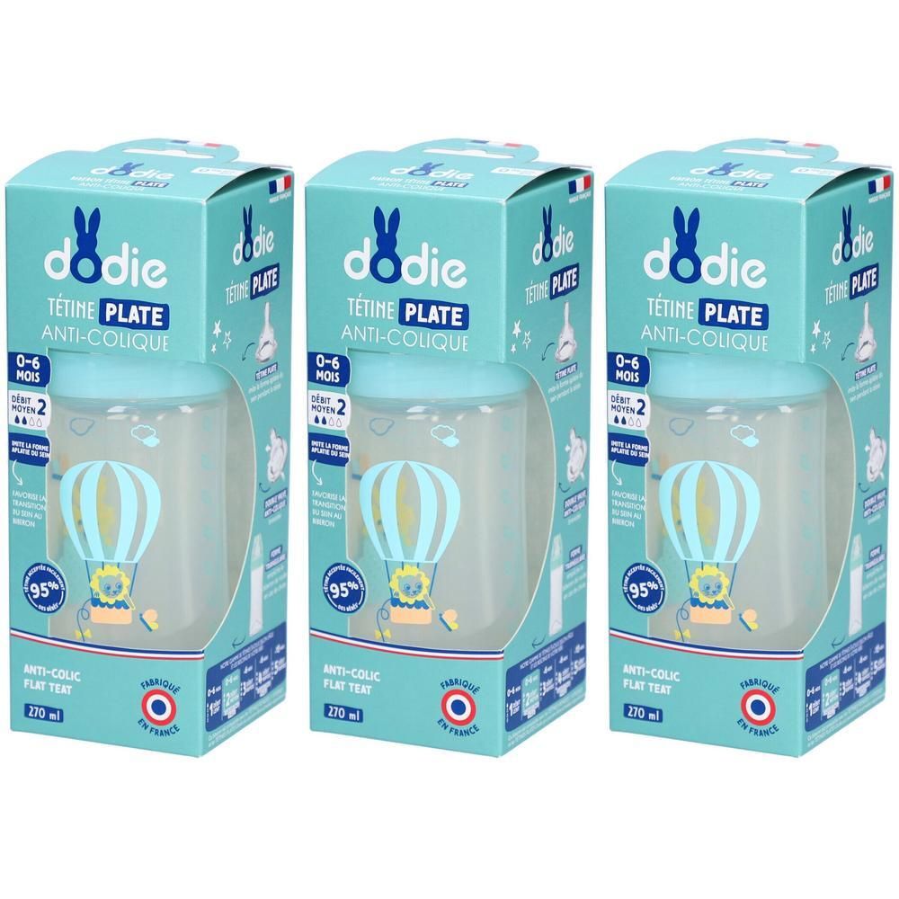Trois biberons Dodie Sensation+, 0-6 mois, tétine plate anti-colique, 270 ml.