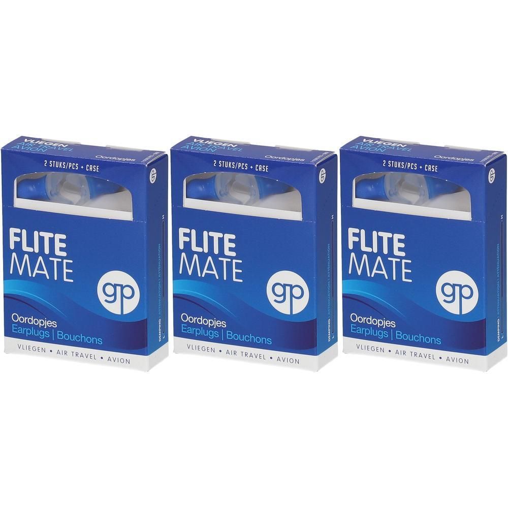 Trois paquets de bouchons d'oreilles Flite Mate, 2 pièces et un étui par paquet. Emballage bleu avec fenêtre.