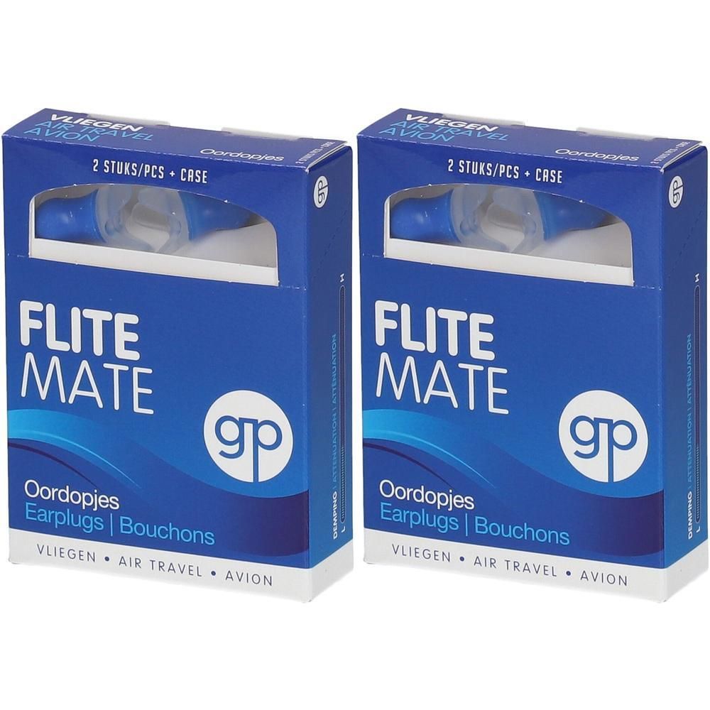 Twee pakken Flite Mate oordopjes met 2 stuks en een etui per pak.
