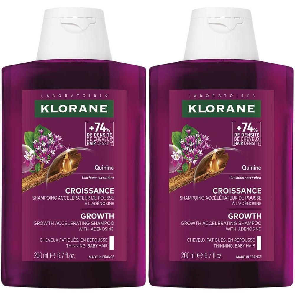 Twee Klorane flessen met shampoo voor haargroei, 200ml.