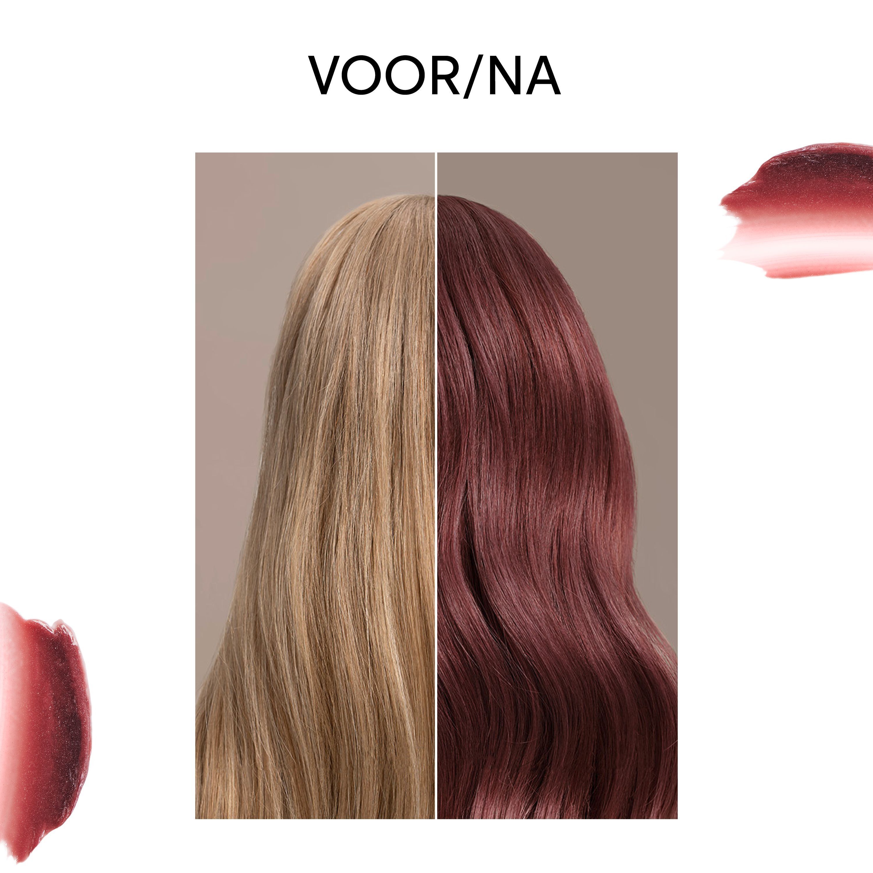 Voor-en-na vergelijking van blond haar getransformeerd naar roze bruin met WELLA PROFESSIONALS Color Fresh Mask Rose Blaze.