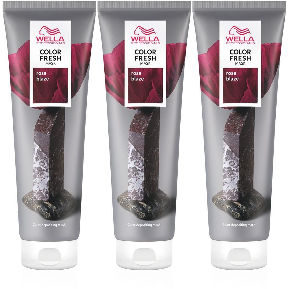 Trois tubes de WELLA PROFESSIONALS Color Fresh Mask Rose Blaze avec motif de rose et de pierre.