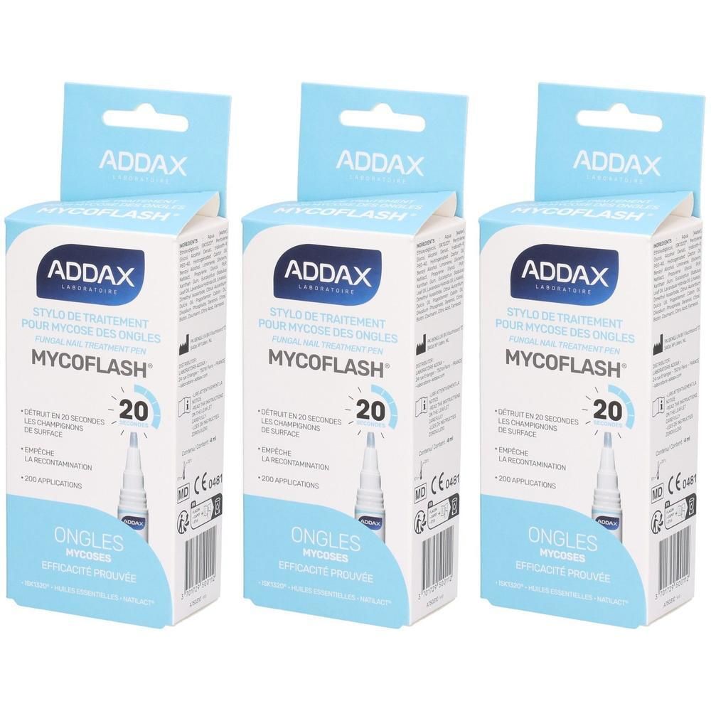 Trois boîtes de stylos ADDAX Mycoflash traitement mycose des ongles. Pour ongles.