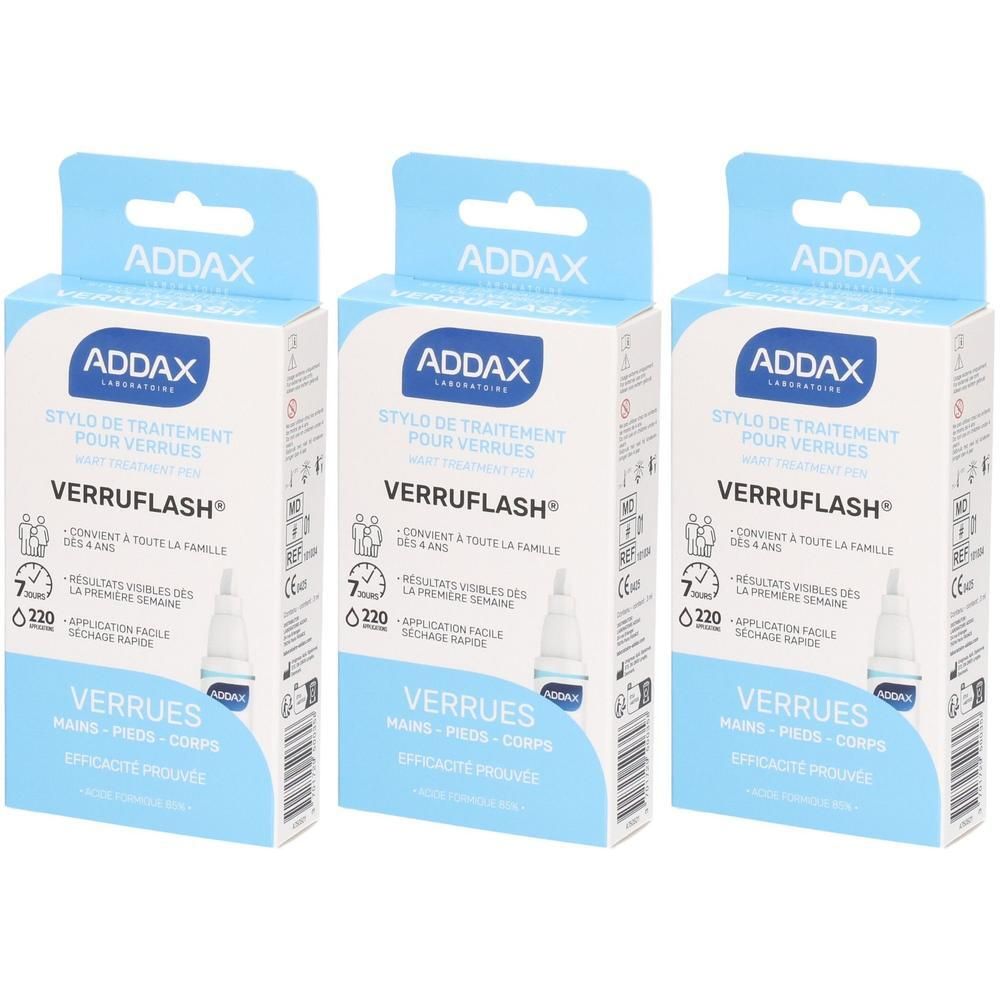 Drie ADDAX Verruflash pennen voor wrattenbehandeling. Eenvoudige applicatie, snelle droging.
