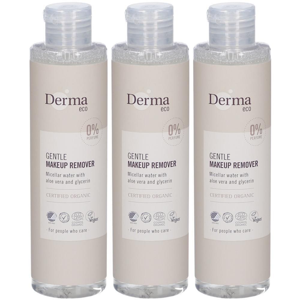 Drie flessen Derma eco milde make-up remover, micellair water met aloë vera en glycerine, gecertificeerd biologisch.
