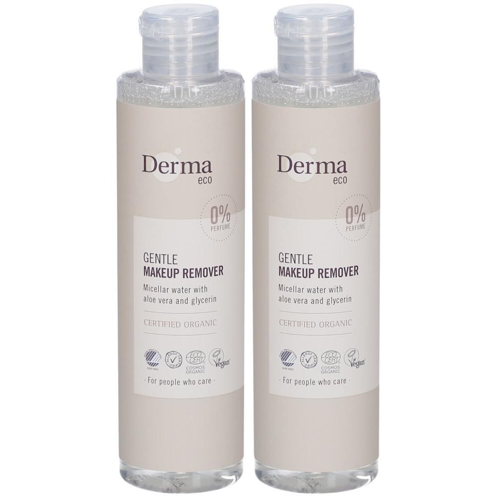 Twee flessen Derma Eco milde make-up remover met aloë vera en glycerine, 0% parfum.