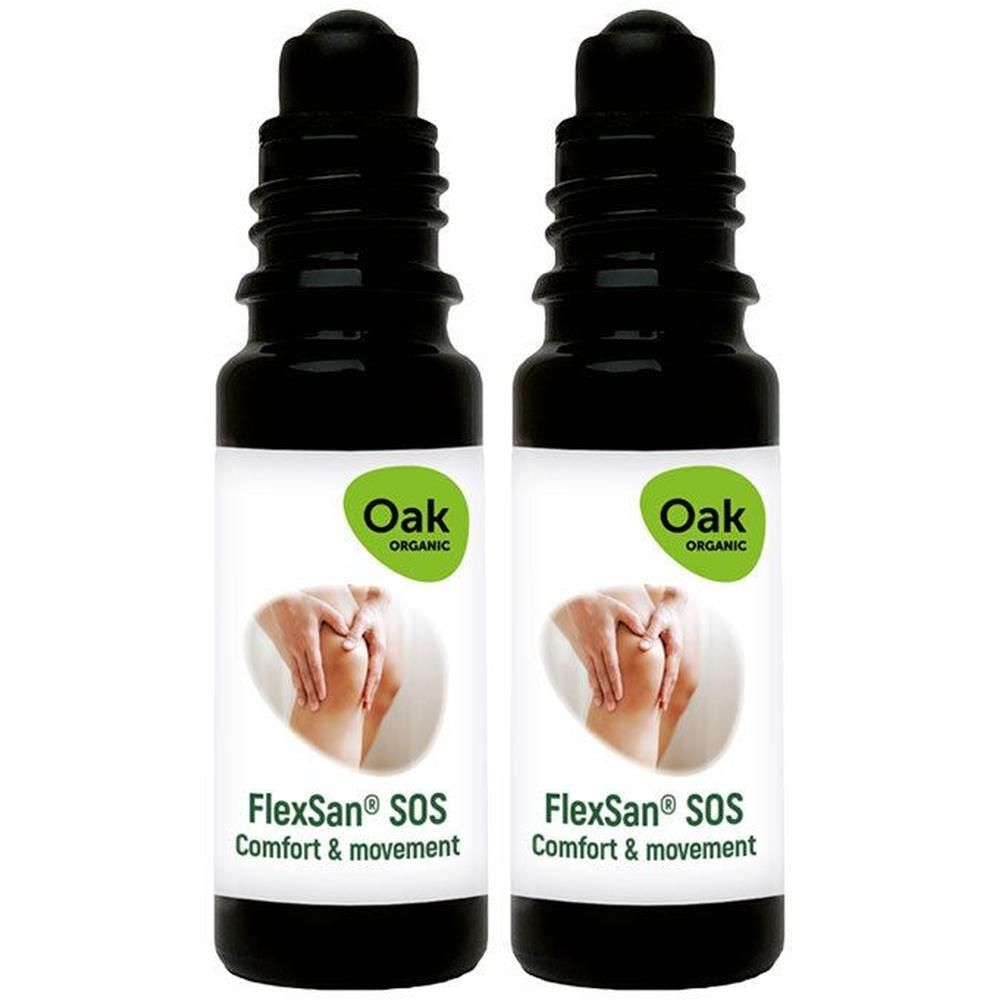 Deux flacons roll-on noirs avec étiquette Oak Organic FlexSan® SOS.
