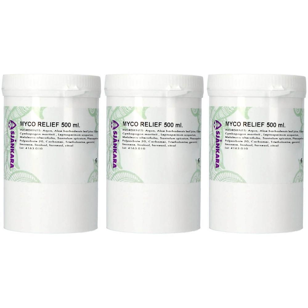 Trois contenants blancs avec étiquettes Sjankara Myco Relief 500 ml.