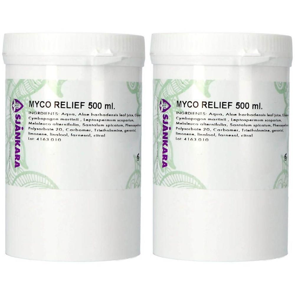 Twee witte containers met Sjankara Myco Relief 500 ml. Opschrift en ingrediëntenlijst.