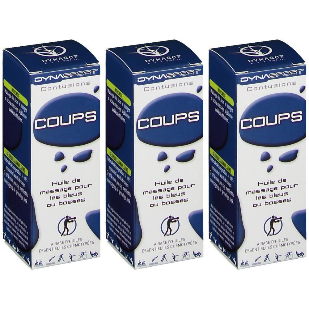 Trois boîtes d'huile de massage Dynarop Dynasport "Coups" pour contusions et bosses.