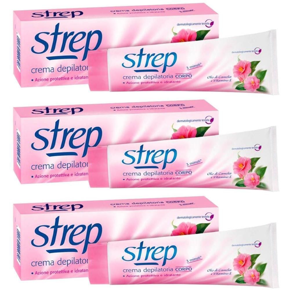 Drie verpakkingen Strep ontharingscrème voor het lichaam. Roze verpakking met blauwe belettering.