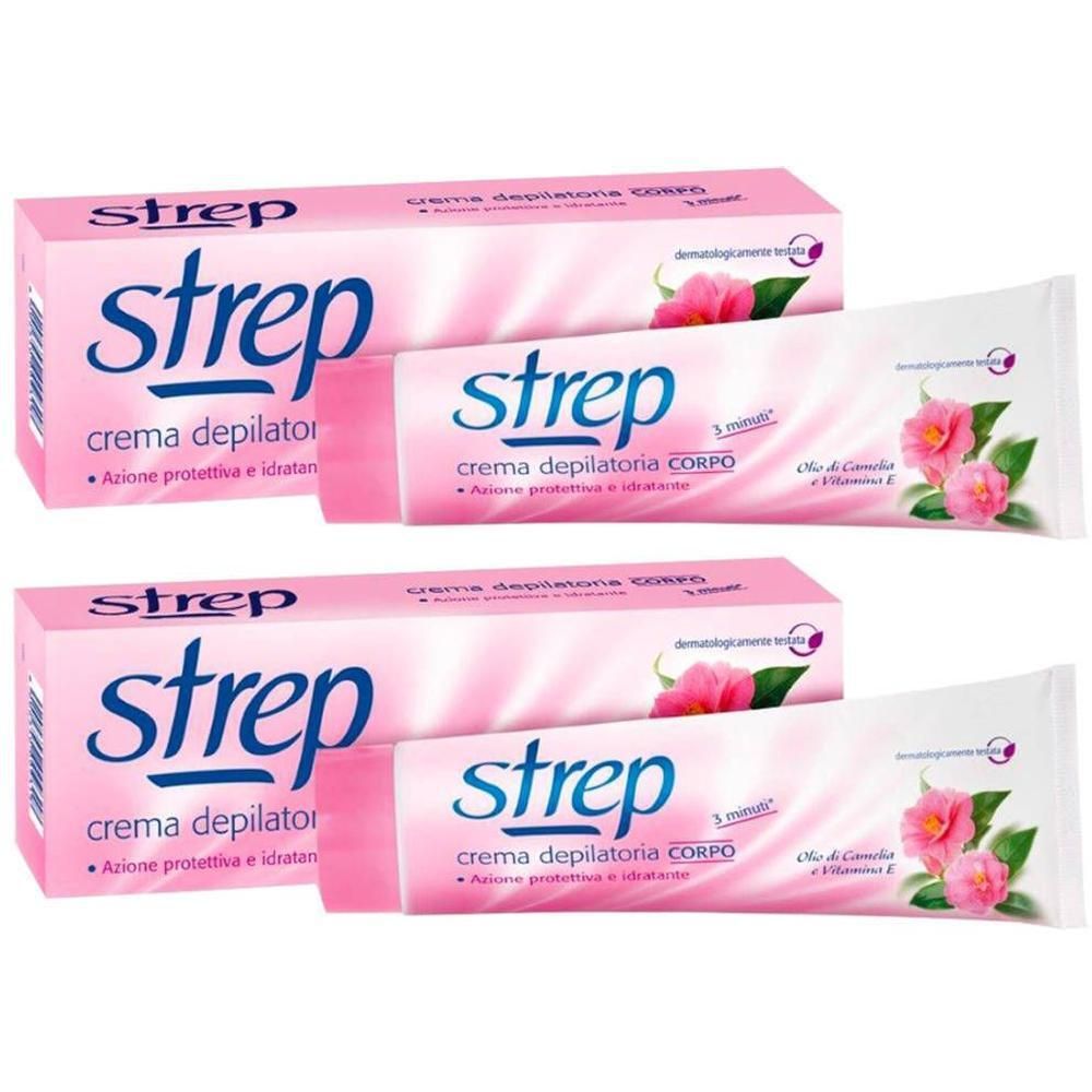 Deux paquets de crème dépilatoire Streeep pour le corps avec huile de camélia et vitamine E.
