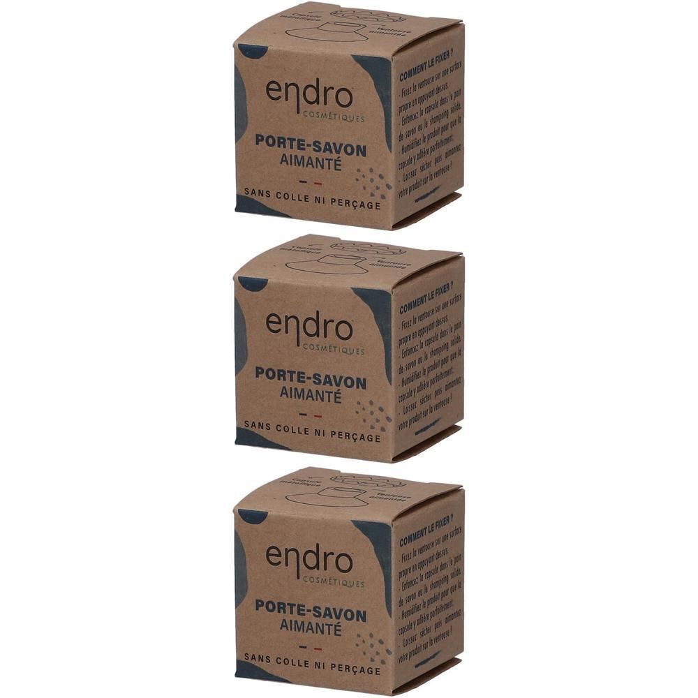 Trois boîtes de porte-savon aimanté Endro, couleur marron, avec informations produit.