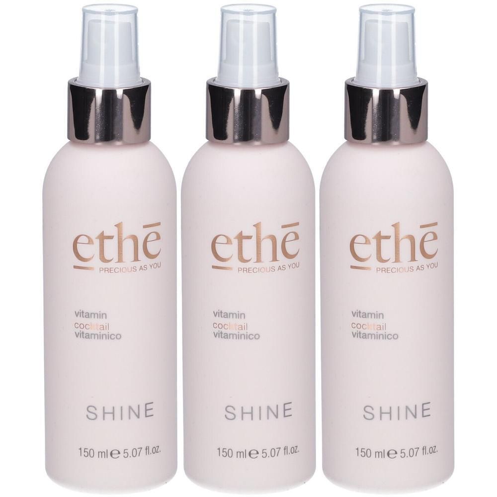 Drie flessen 'ethe SHINE Vitamin Cocktail' met spuitkop. Elke fles bevat 150 ml.