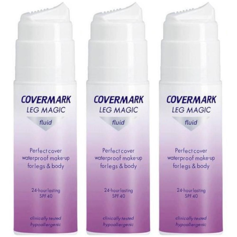 Drie flacons Covermark Leg Magic Fluid SPF 40, waterdichte make-up voor benen en lichaam.