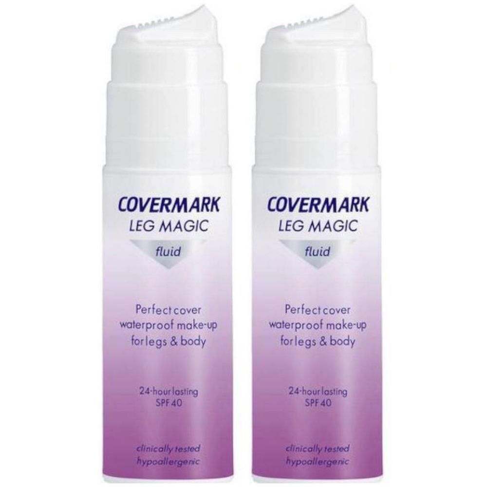Deux flacons de Covermark Leg Magic Fluid SPF40 teinte D1. Couvrance parfaite, maquillage waterproof pour jambes et corps.