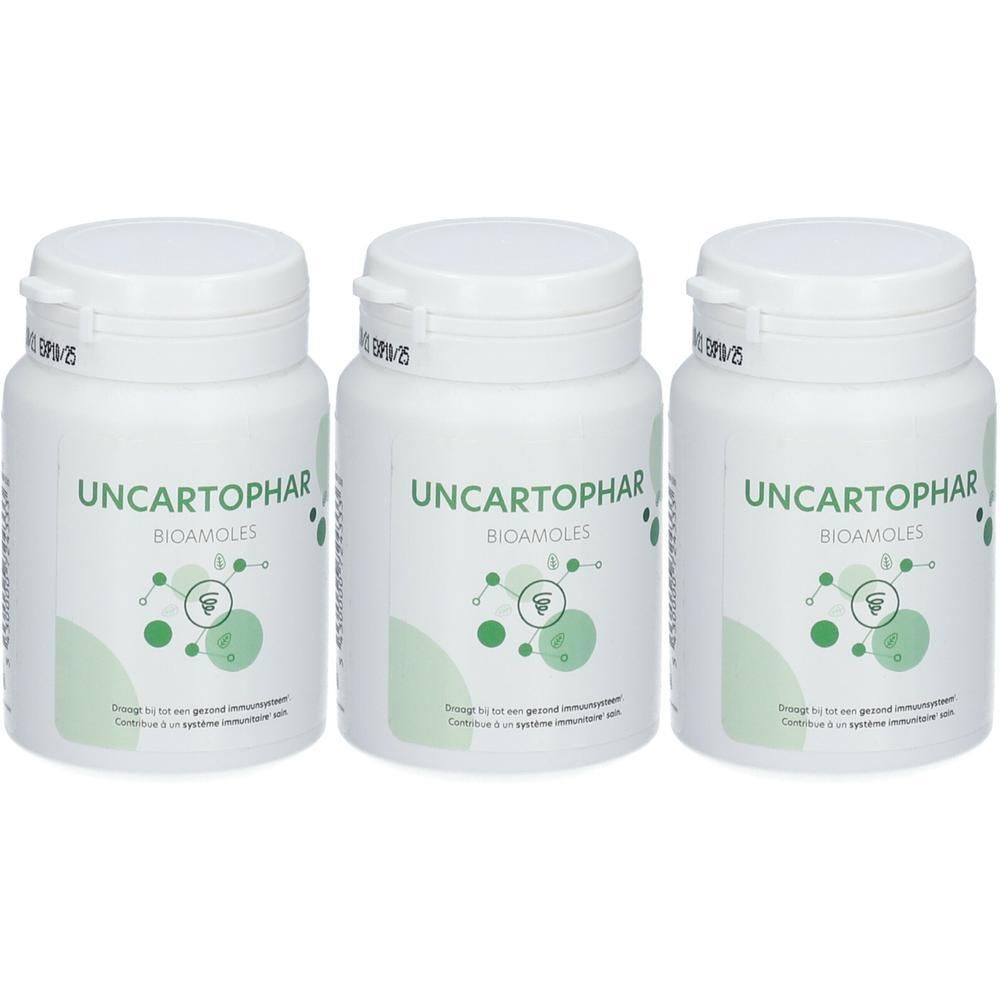 Drie witte potjes met Uncartophar Bioamoles etiketten en moleculaire afbeeldingen.